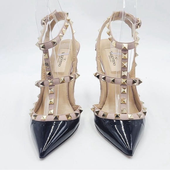 VALENTINO ROCKSTUD 100 Pumps Gold Studded Slingback Heels Nude Black. Size 37 🔥 - Picture 4 of 10